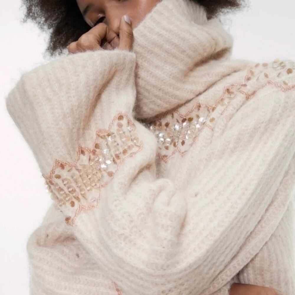 Zara Wool Mohair Blend Beaded Turtleneck Sweater Bloggers Fav Small - Picture 9 of 9